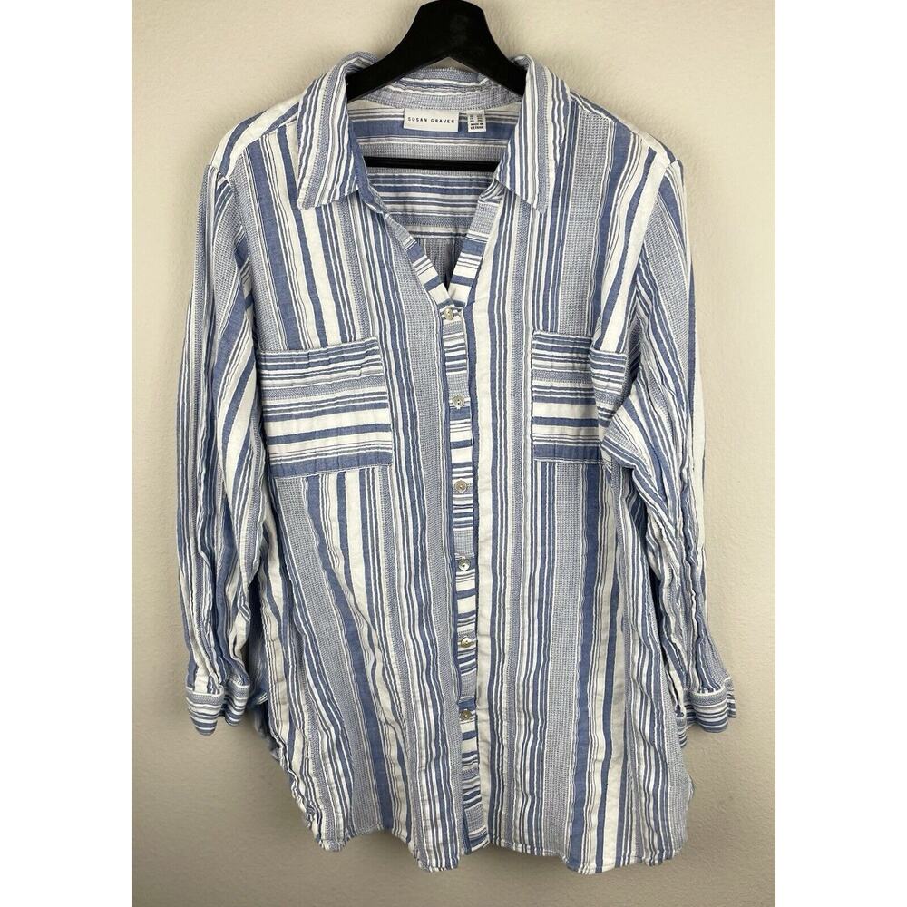 Susan Graver Top Womens Size 2X Blue White 3/4 Sleeve Striped Button Beachy Work